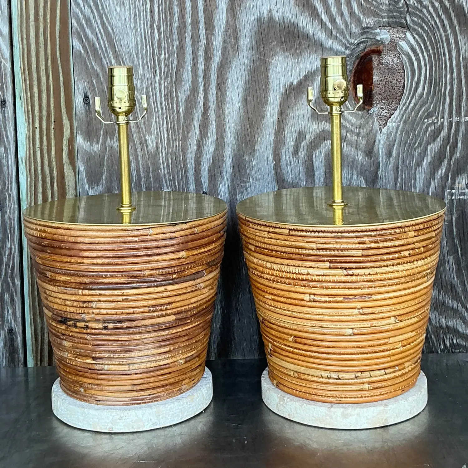 Vintage Coastal Pencil Reed Lamps With Brass Hardware - a Pair - Side view