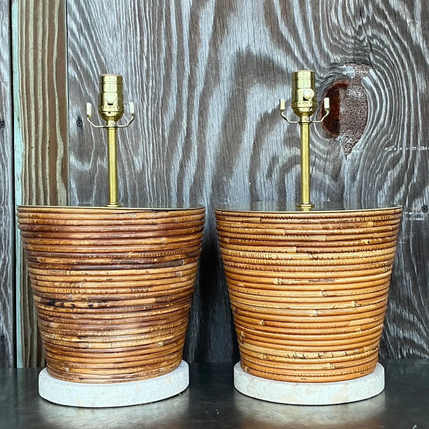 Vintage Coastal Pencil Reed Lamps With Brass Hardware - a Pair - Top view