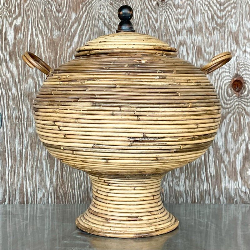 Vintage Coastal Pencil Reed Lidded Urn - Side view