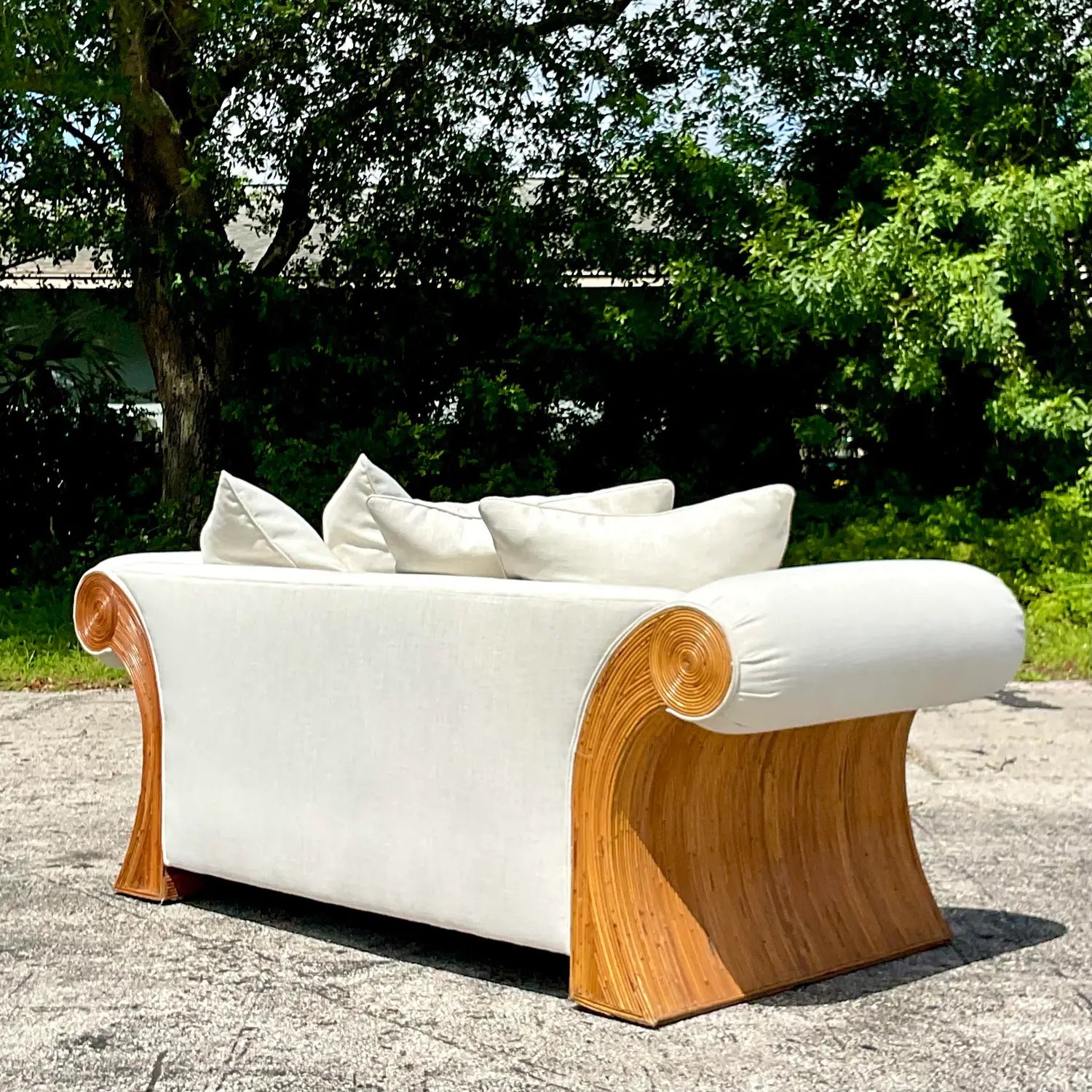 Vintage Coastal Pencil Reed Roll Arm Sofa - Side view