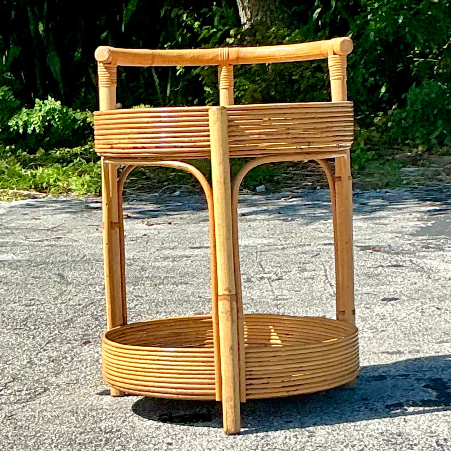 Vintage Coastal Pencil Reed Round Bar Cart - Side view