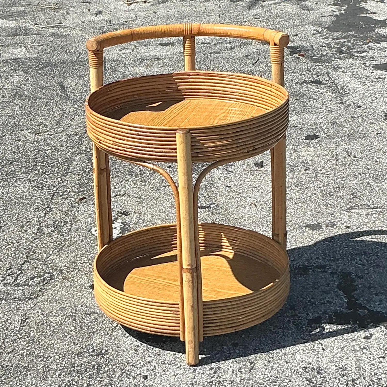 Vintage Coastal Pencil Reed Round Bar Cart - Top view