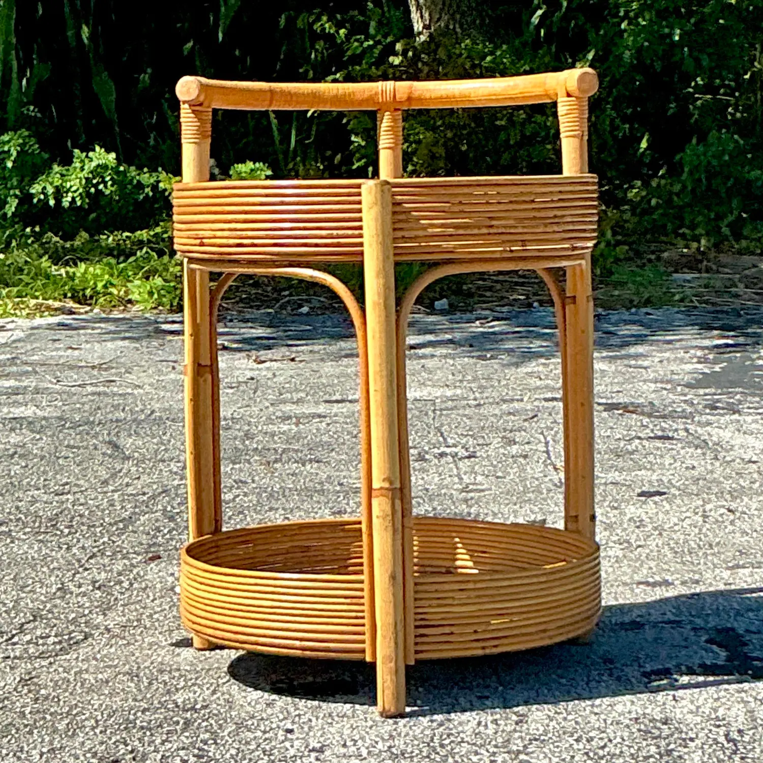 Vintage Coastal Pencil Reed Round Bar Cart - Back view