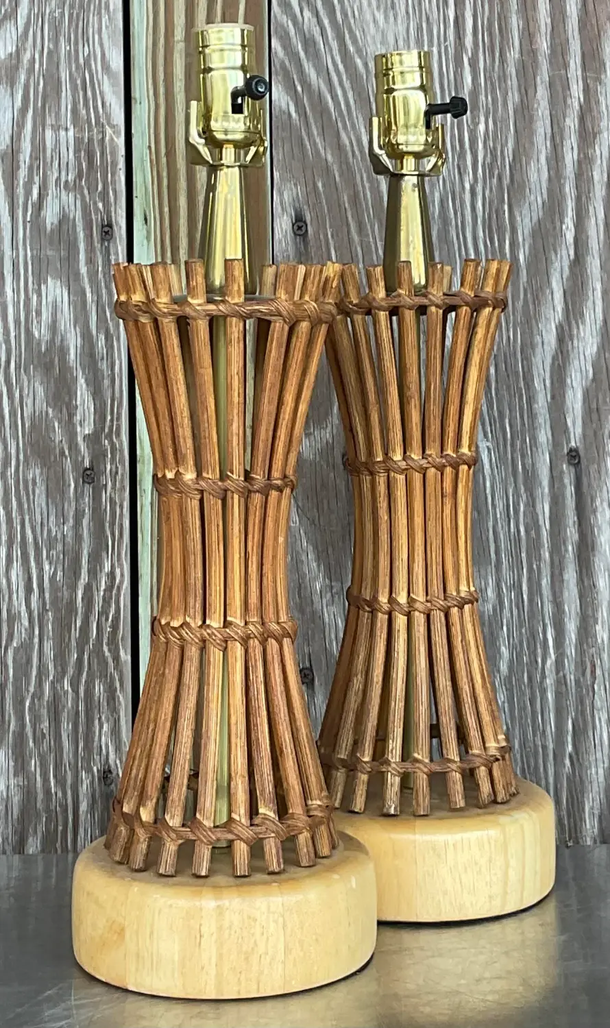 Vintage Coastal Pencil Reed Table Lamps - a Pair - Side view