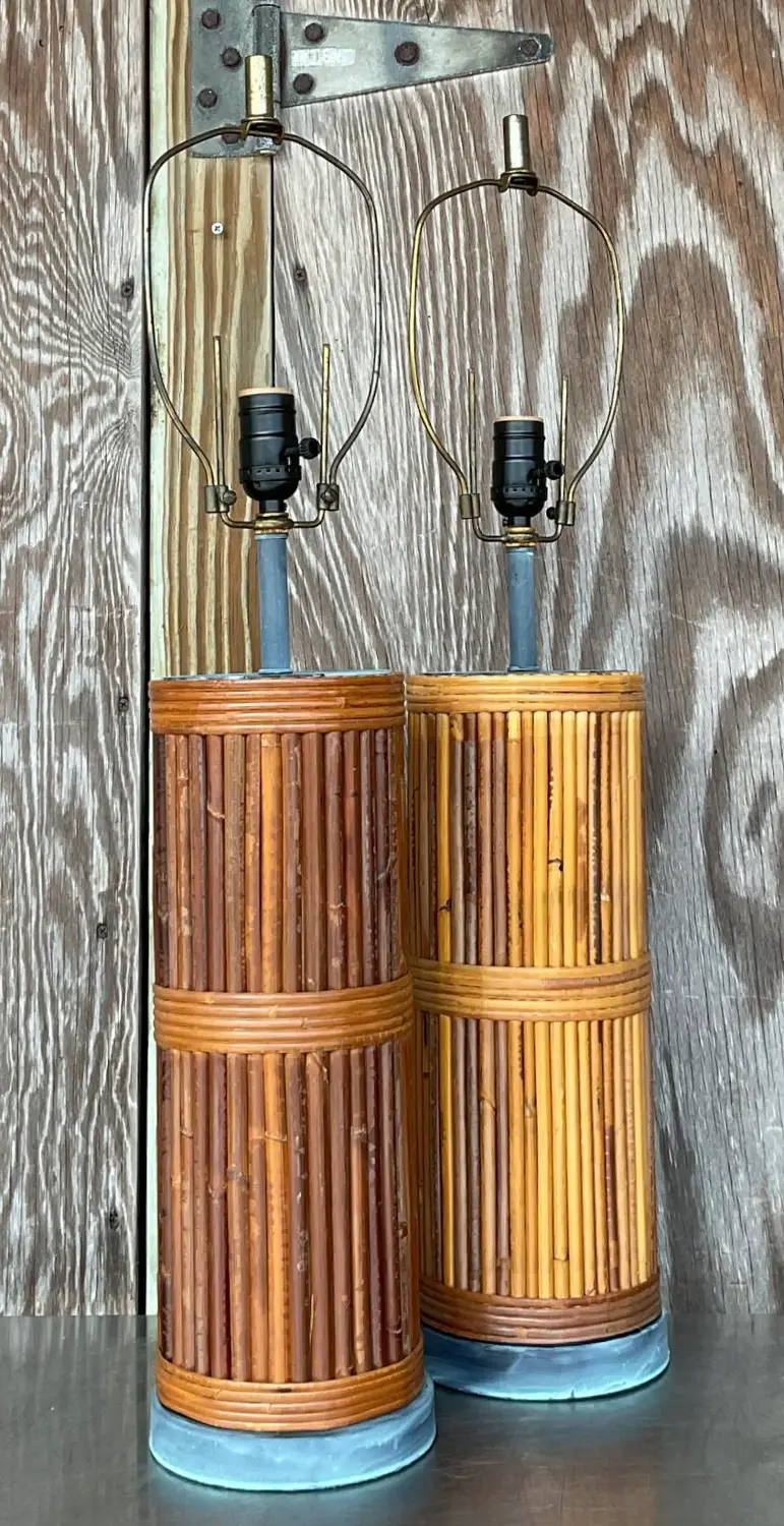 Vintage Coastal Pencil Reed Table Lamps - a Pair - Detail view