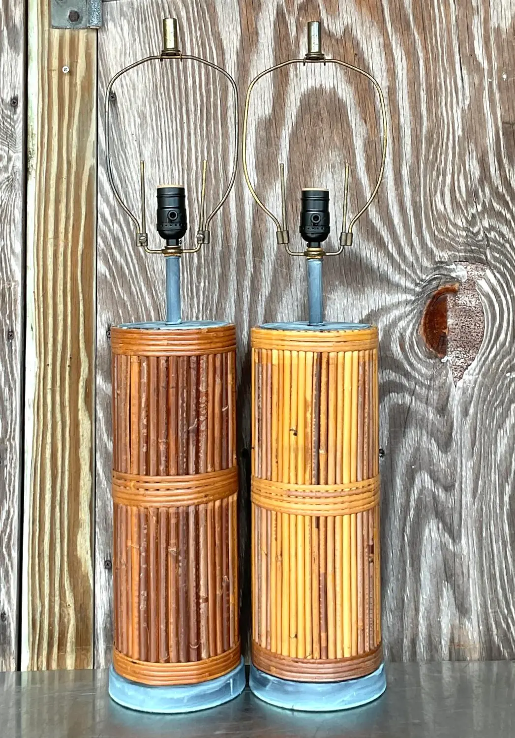 Vintage Coastal Pencil Reed Table Lamps - a Pair - Side view