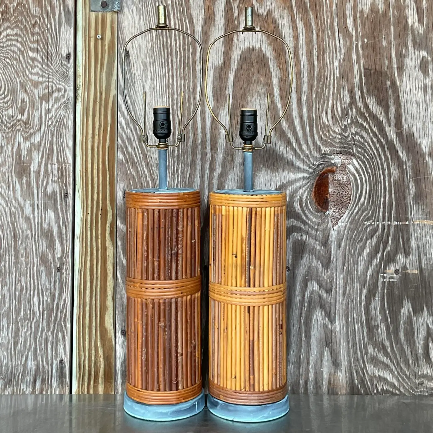 Vintage Coastal Pencil Reed Table Lamps - a Pair - Back view