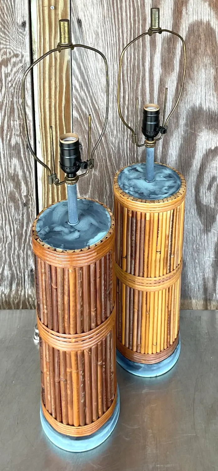 Vintage Coastal Pencil Reed Table Lamps - a Pair - Top view