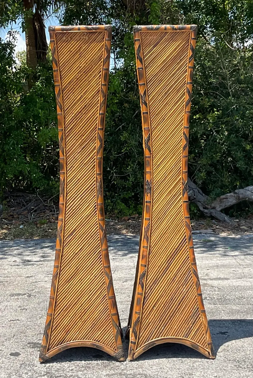 Vintage Coastal Pencil Reed Torchere Lamps - a Pair - Back view
