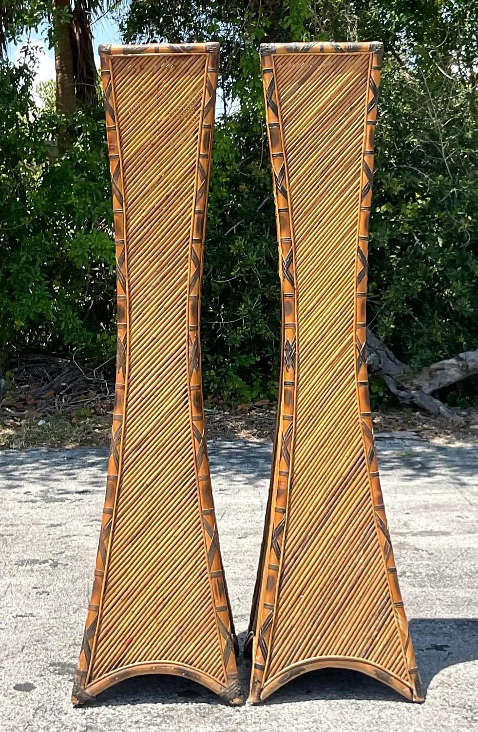 Vintage Coastal Pencil Reed Torchere Lamps - a Pair - Top view