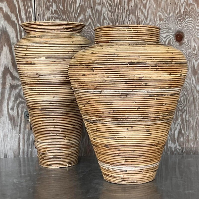 Vintage Coastal Pencil Reed Vases - Set of 2 - Top view