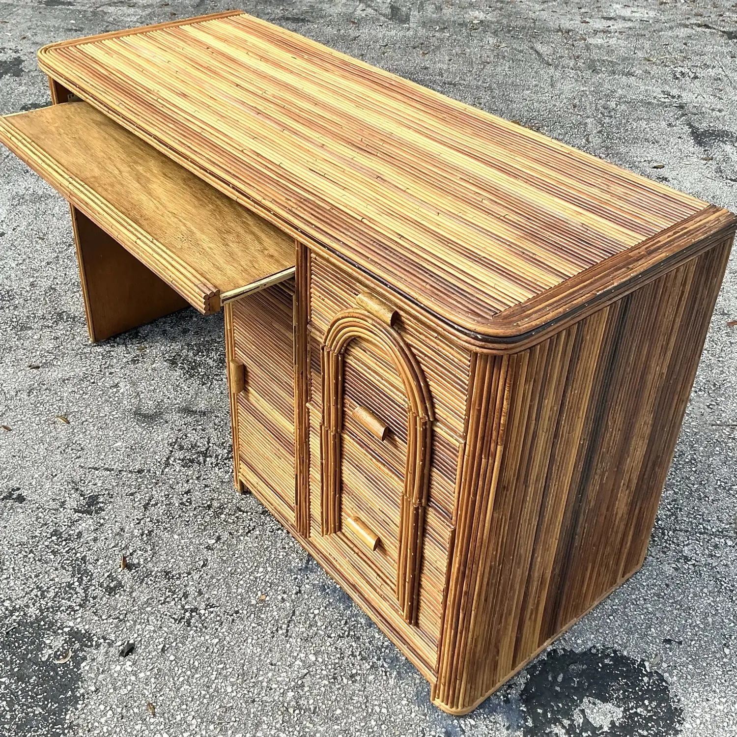 Vintage Coastal Pencil Reed Writing Desk - Side view