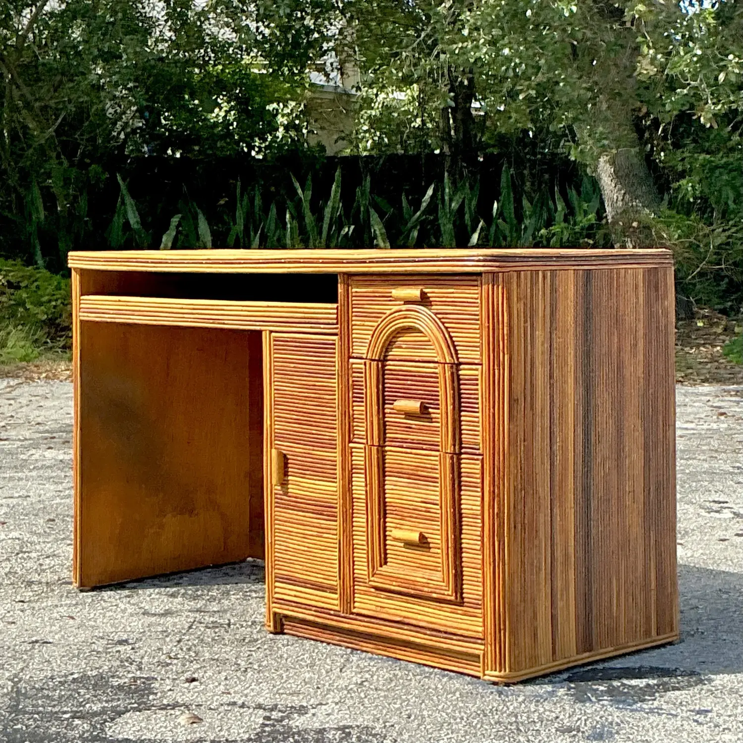Vintage Coastal Pencil Reed Writing Desk - Back view