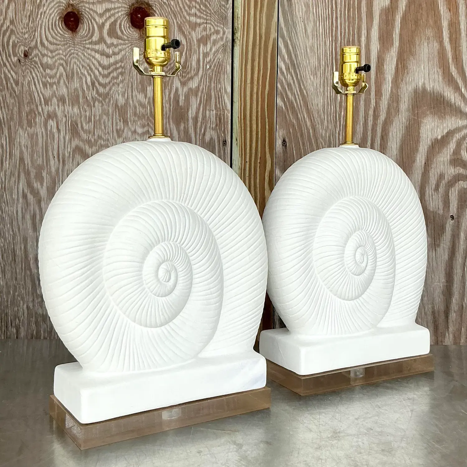 Vintage Coastal Plaster and Lucite Nautilus Shell Lamps - a Pair - Back view