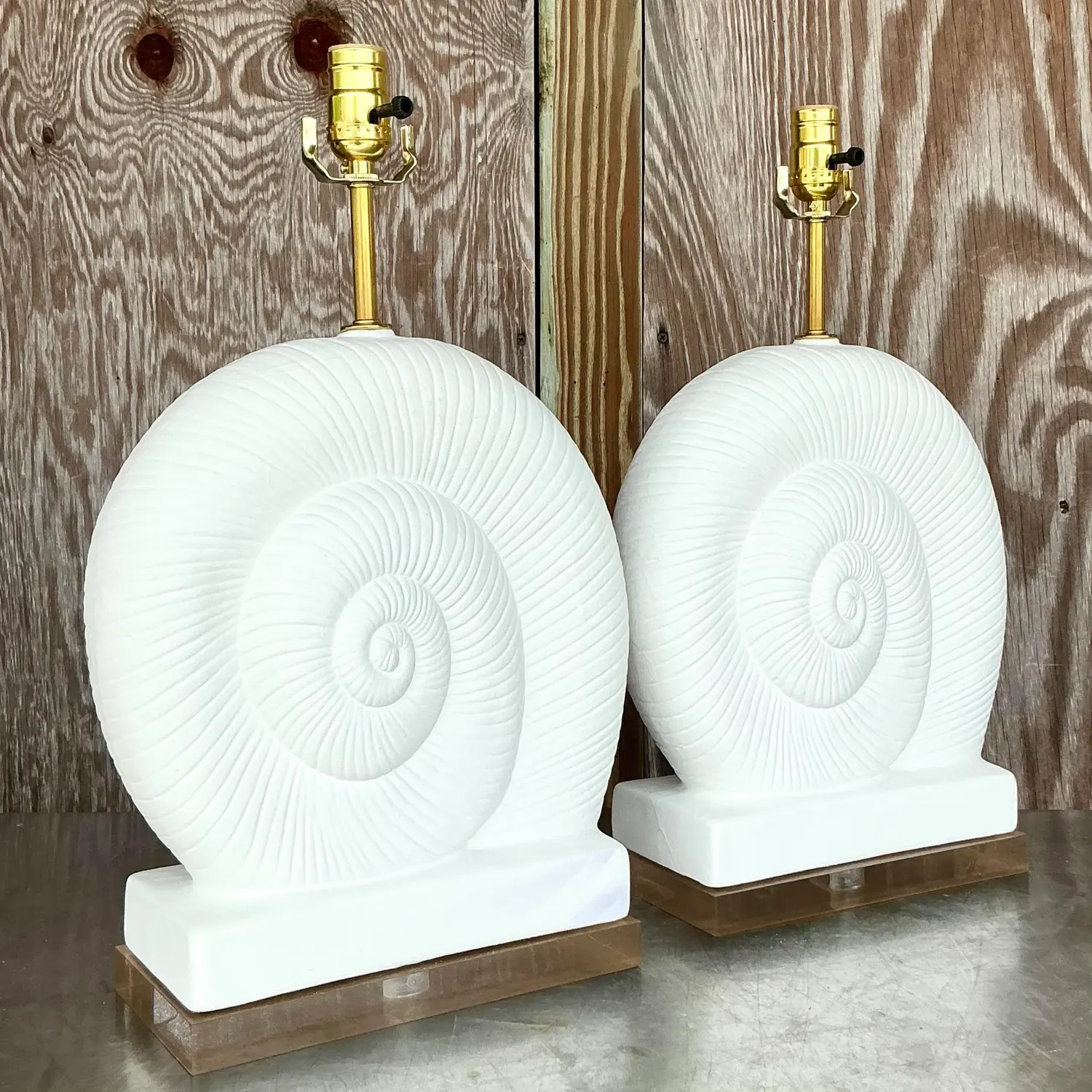 Vintage Coastal Plaster and Lucite Nautilus Shell Lamps - a Pair - Top view