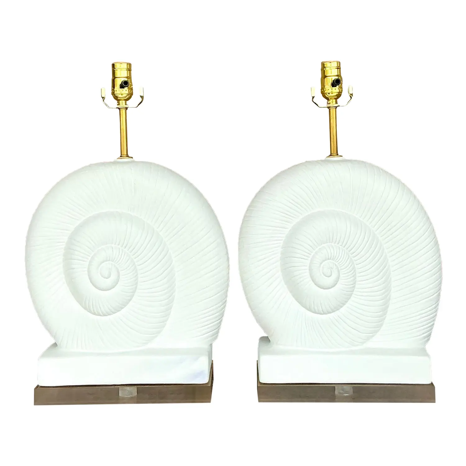 Vintage Coastal Plaster and Lucite Nautilus Shell Lamps - a Pair