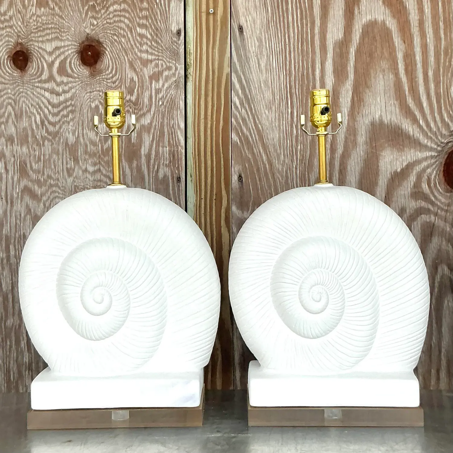 Vintage Coastal Plaster and Lucite Nautilus Shell Lamps - a Pair - Detail view