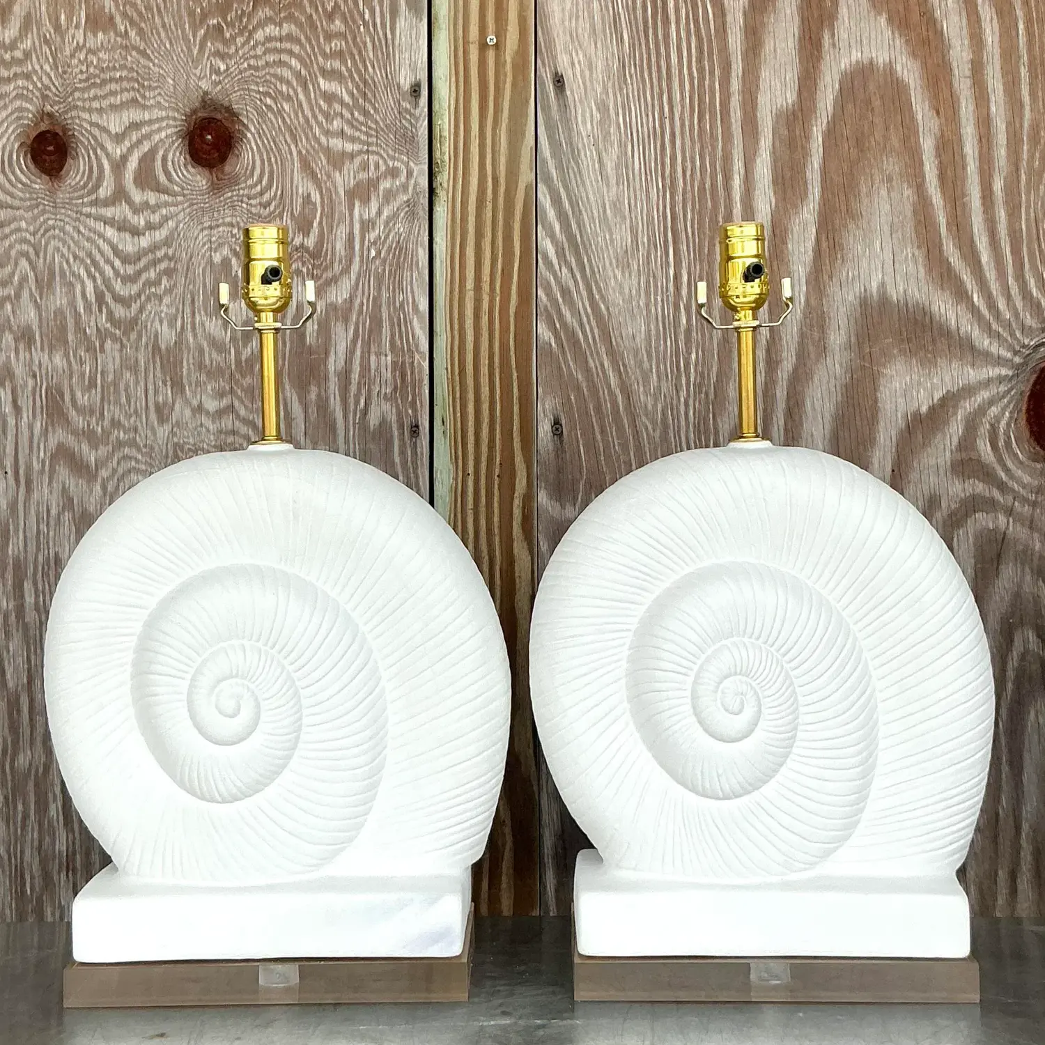 Vintage Coastal Plaster and Lucite Nautilus Shell Lamps - a Pair - Side view