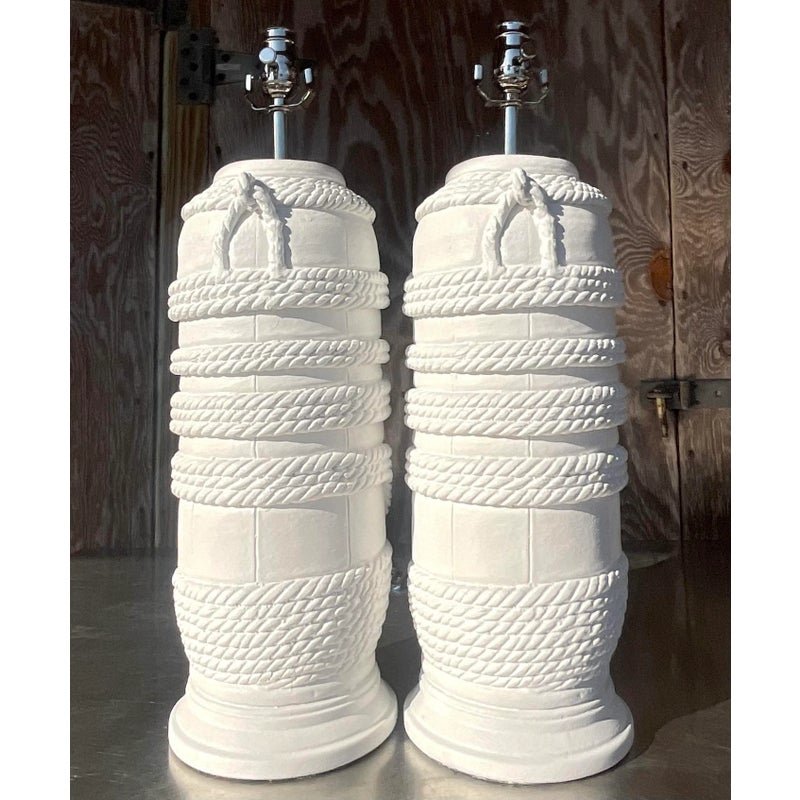Vintage Coastal Plaster Wrapped Rope Table Lamps - a Pair - Detail view