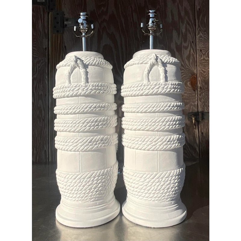 Vintage Coastal Plaster Wrapped Rope Table Lamps - a Pair - Top view
