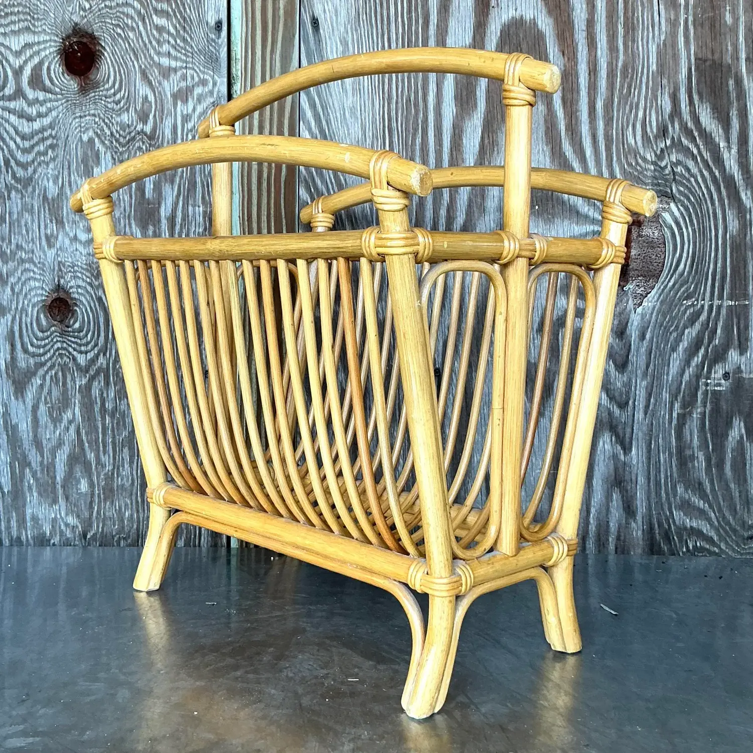 Vintage Coastal Rattan Newspaper Rack - Back view