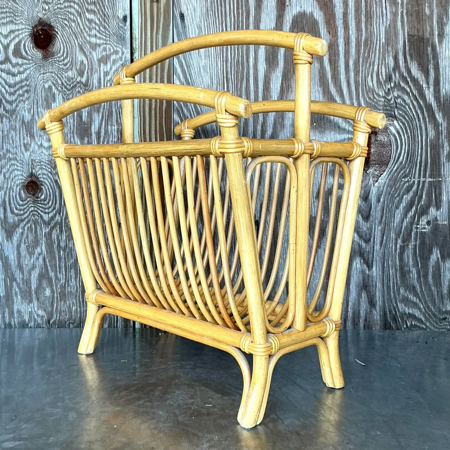Vintage Coastal Rattan Newspaper Rack - Top view