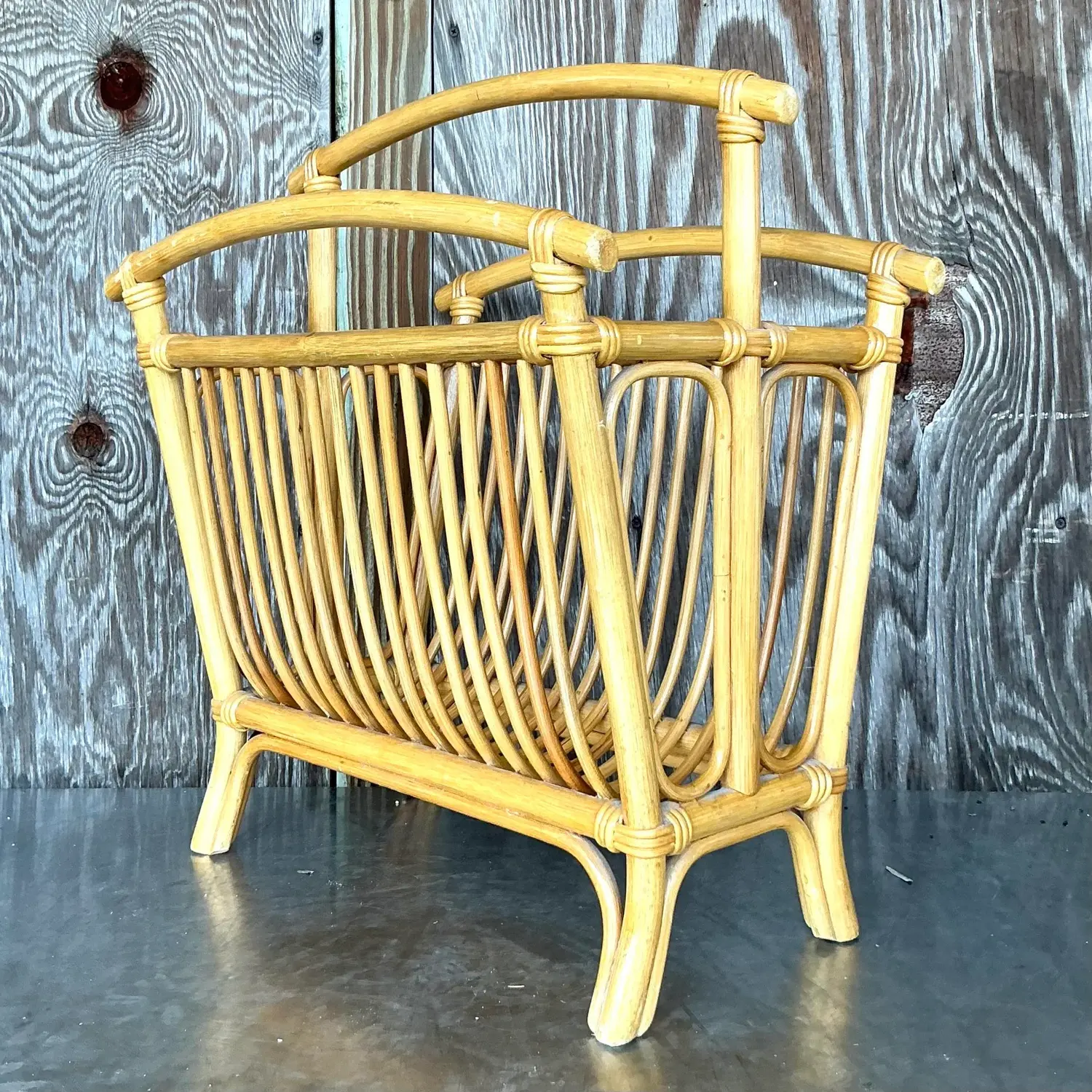 Vintage Coastal Rattan Newspaper Rack - Side view