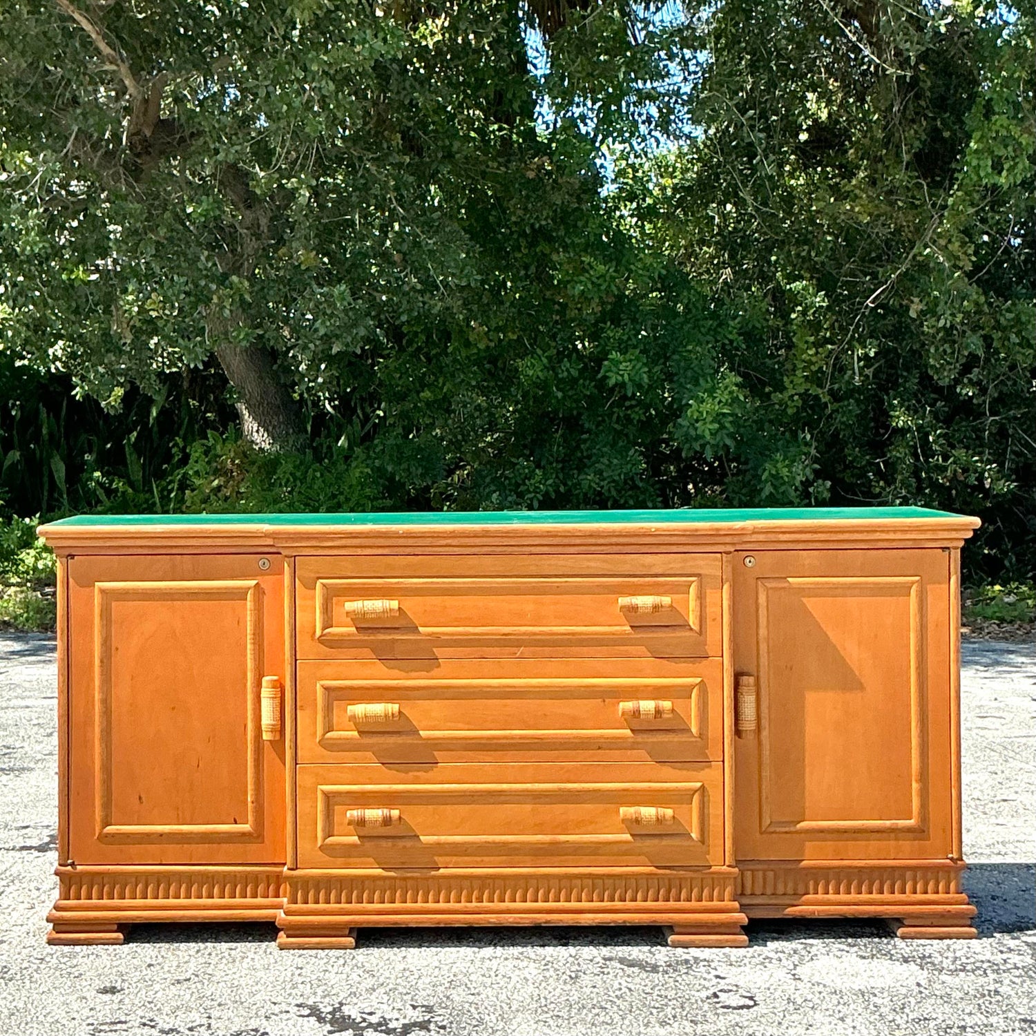 Vintage Coastal Rattan Trimmed Credenza - Back view