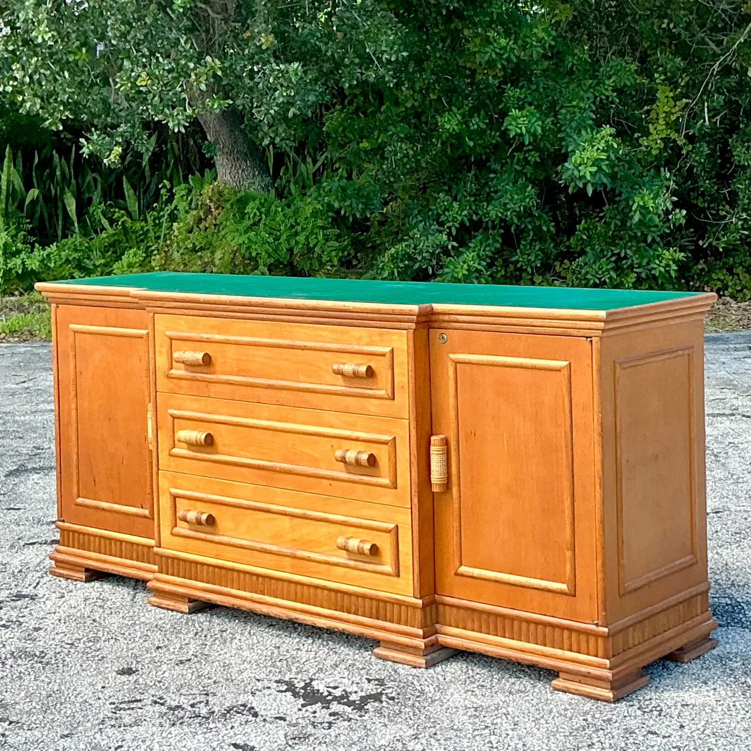 Vintage Coastal Rattan Trimmed Credenza - Side view