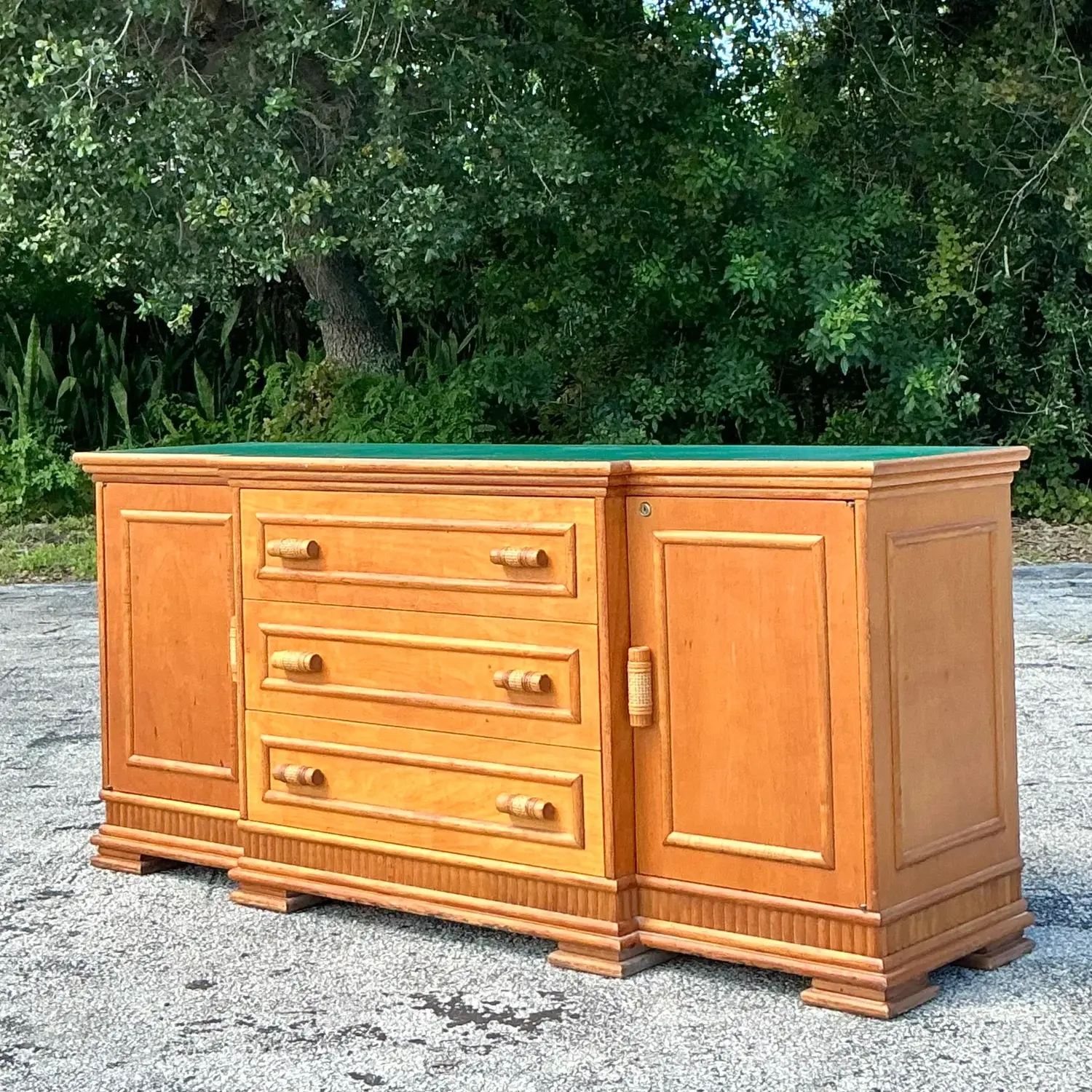 Vintage Coastal Rattan Trimmed Credenza - Detail view