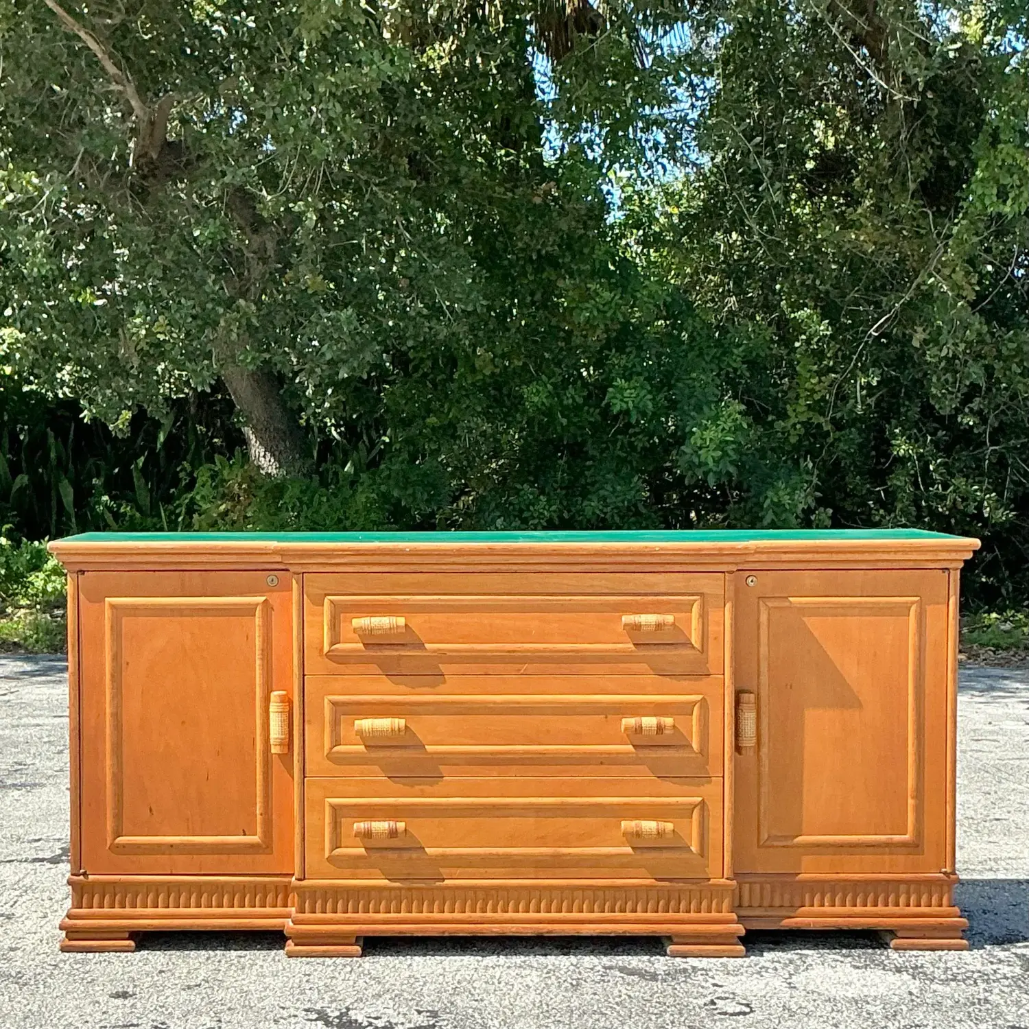 Vintage Coastal Rattan Trimmed Credenza - Top view