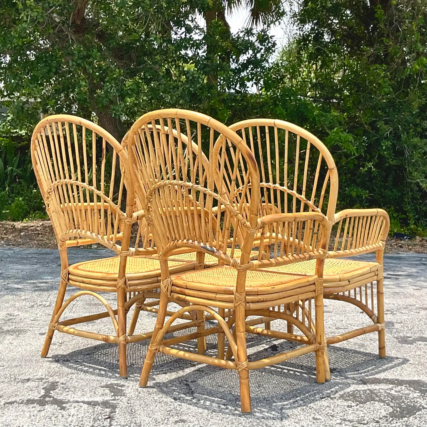 Vintage Coastal Rib Rattan Dining Chairs - Set of 4 - Back view