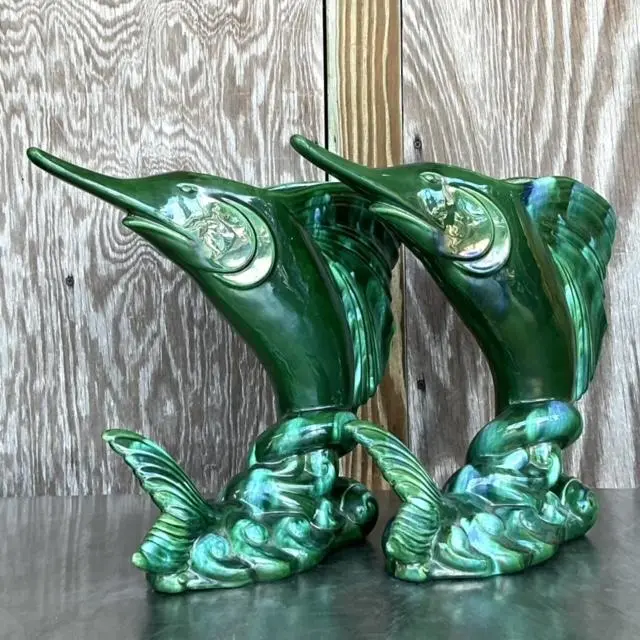 Vintage Coastal Royal Haeger Glazed Ceramic Marlin Vase - a Pair - Top view