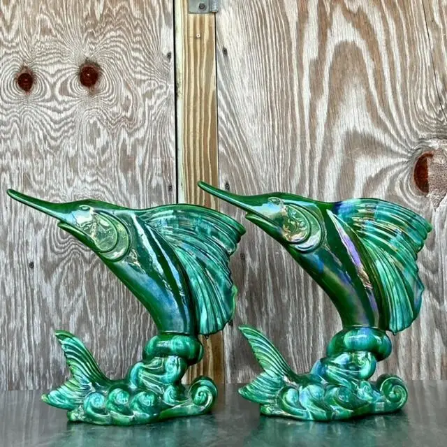 Vintage Coastal Royal Haeger Glazed Ceramic Marlin Vase - a Pair - Side view