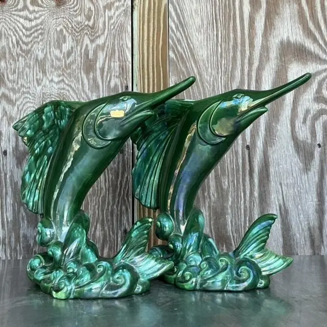 Vintage Coastal Royal Haeger Glazed Ceramic Marlin Vase - a Pair - Back view
