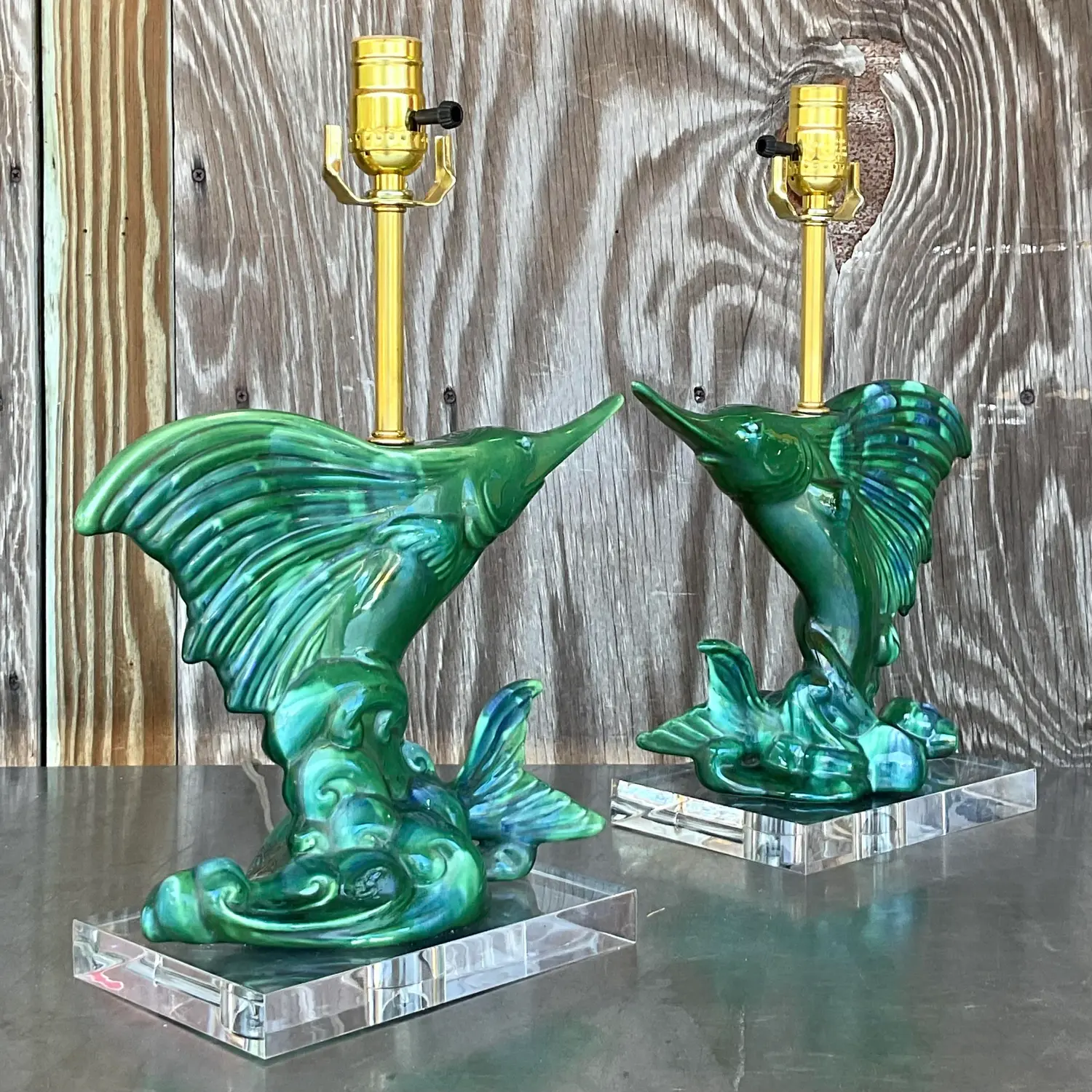 Vintage Coastal Royal Haeger Sailfish Lamps - a Pair - Back view