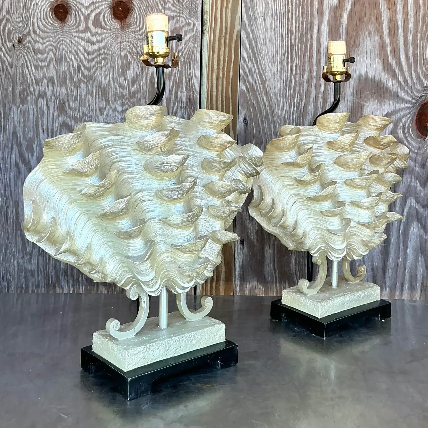 Vintage Coastal Ruffle Clamshell Lamps - a Pair - Side view