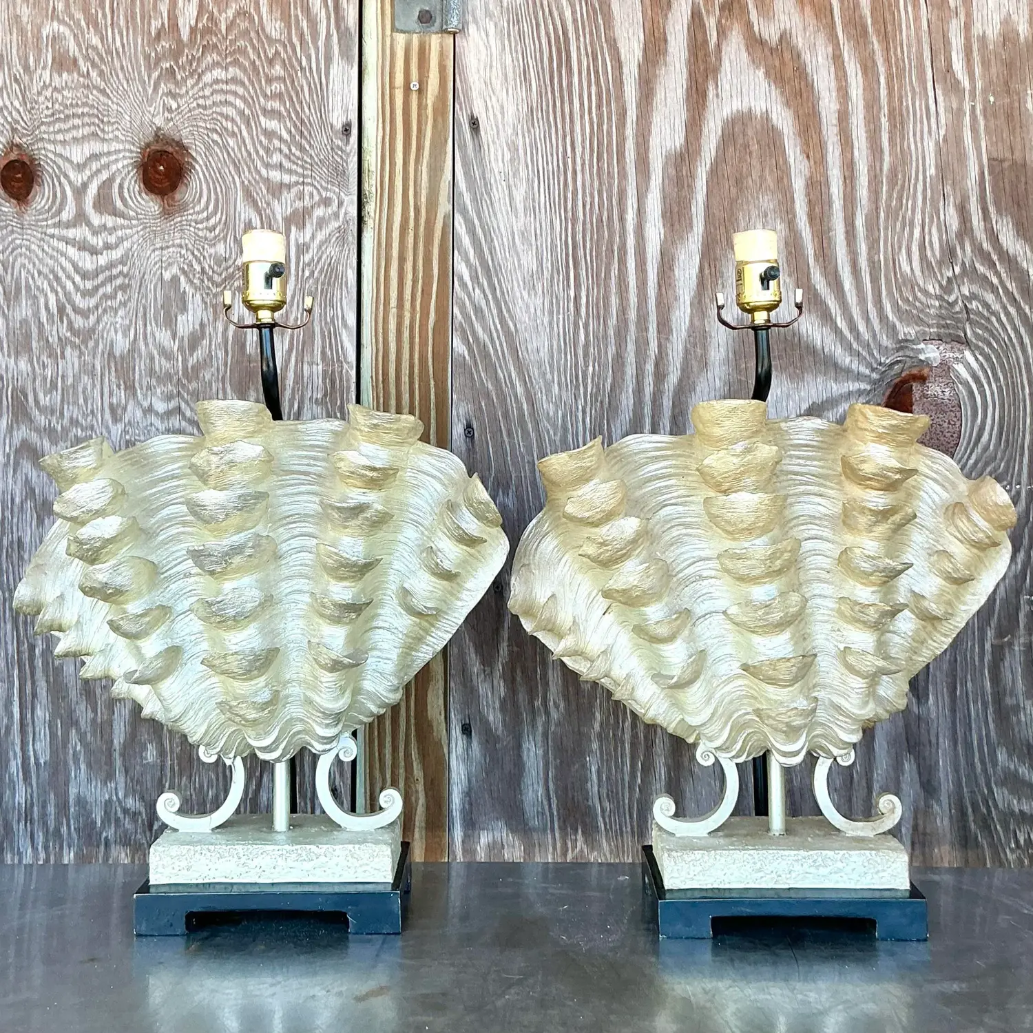 Vintage Coastal Ruffle Clamshell Lamps - a Pair - Top view