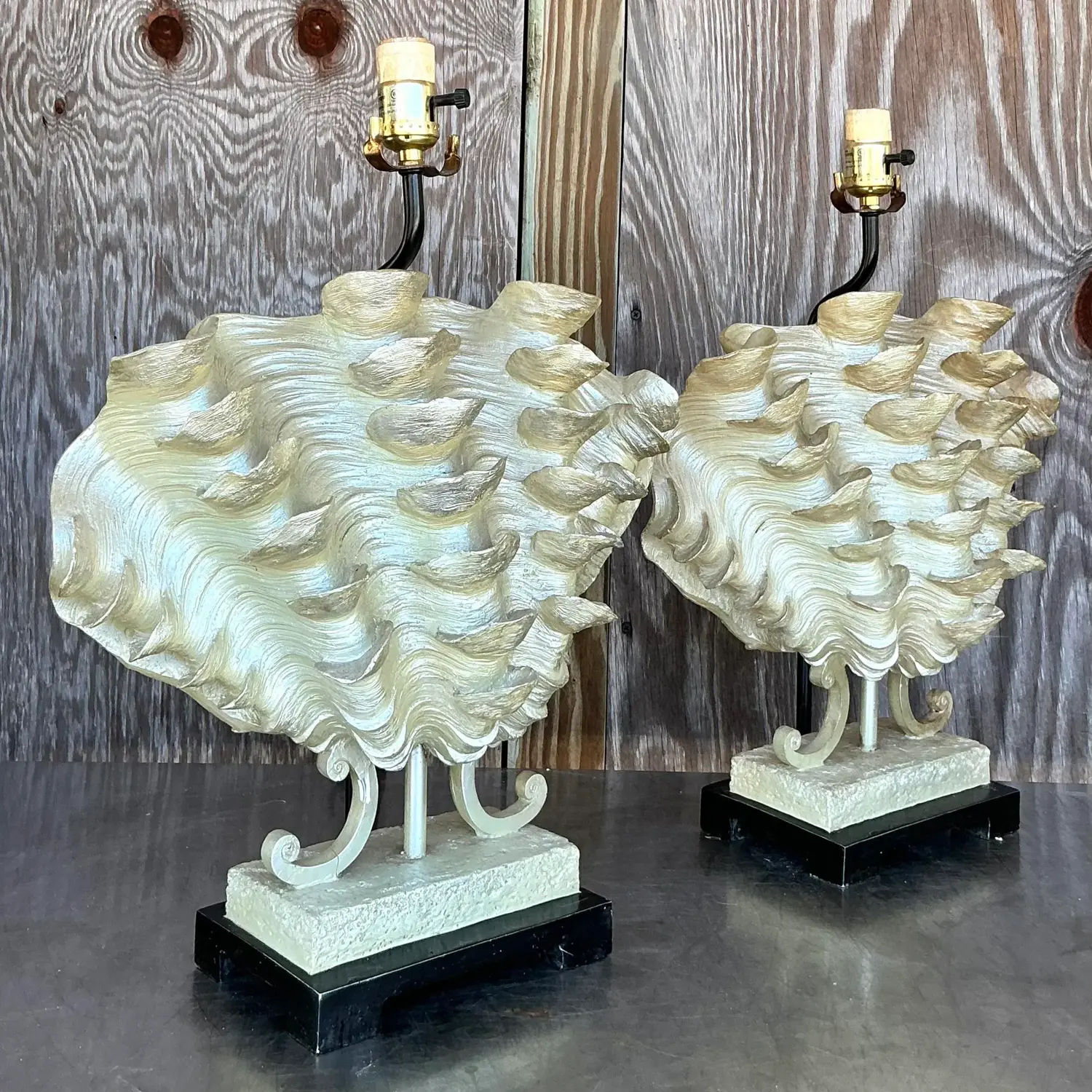 Vintage Coastal Ruffle Clamshell Lamps - a Pair - Back view