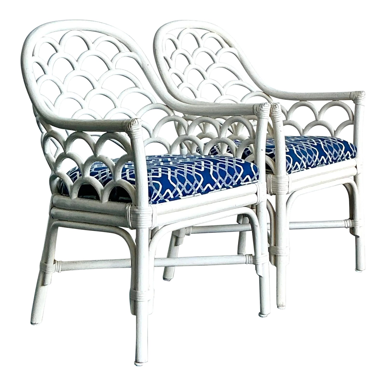Vintage Coastal Scalloped Rattan Lounge Chairs - A Pair