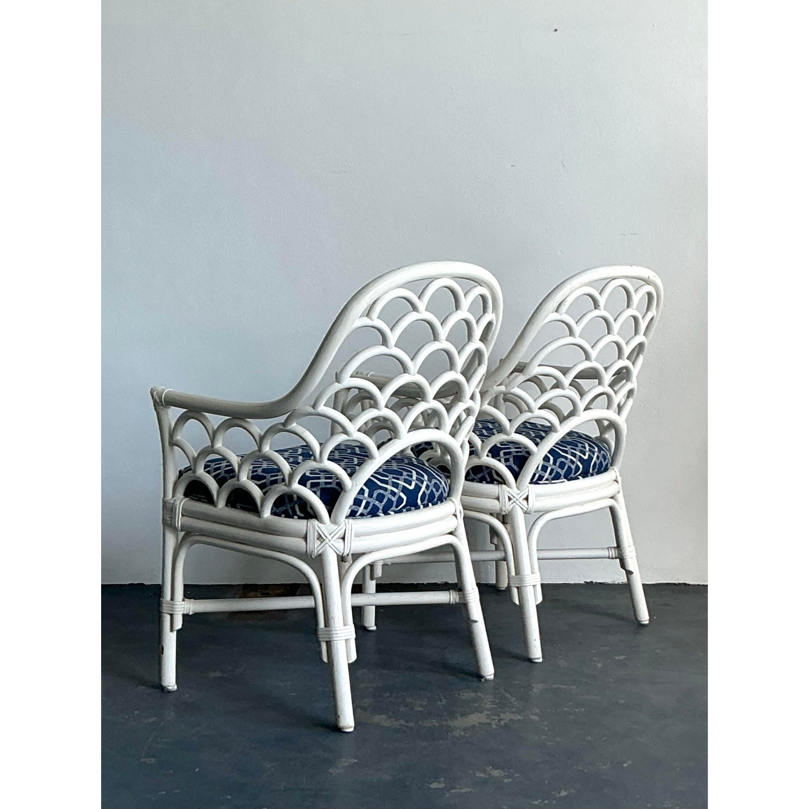 Vintage Coastal Scalloped Rattan Lounge Chairs - A Pair - Back view