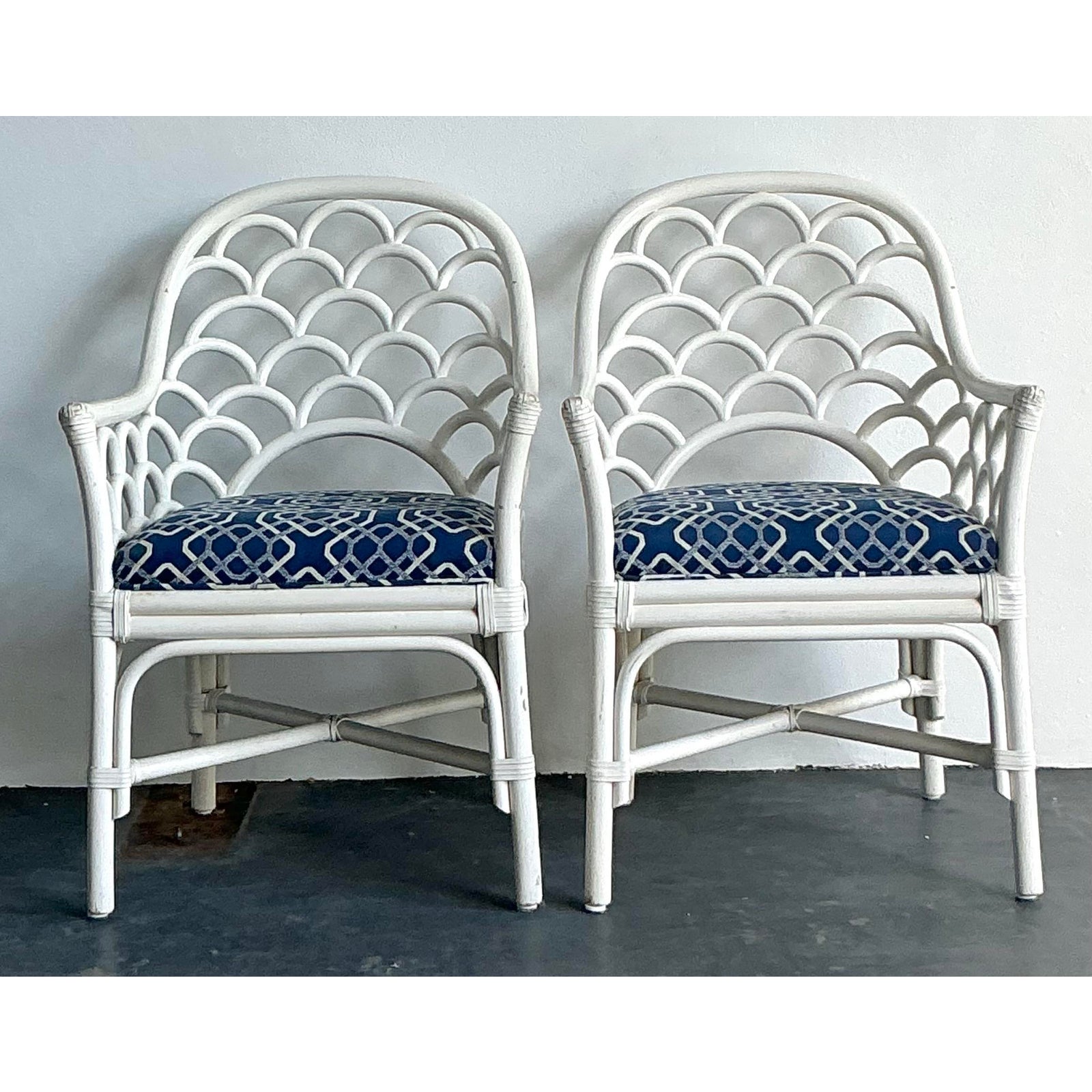 Vintage Coastal Scalloped Rattan Lounge Chairs - A Pair - Detail view