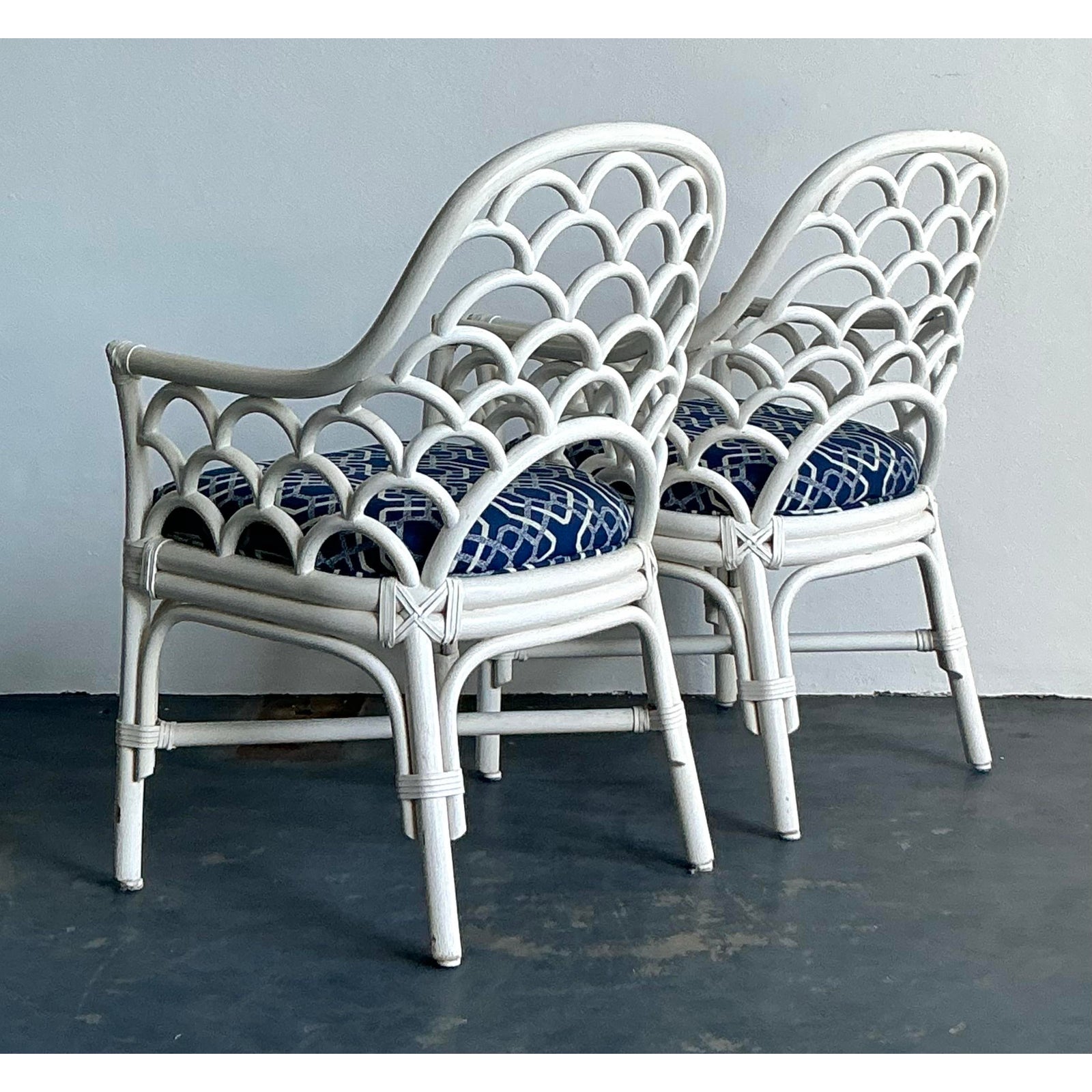 Vintage Coastal Scalloped Rattan Lounge Chairs - A Pair - Top view