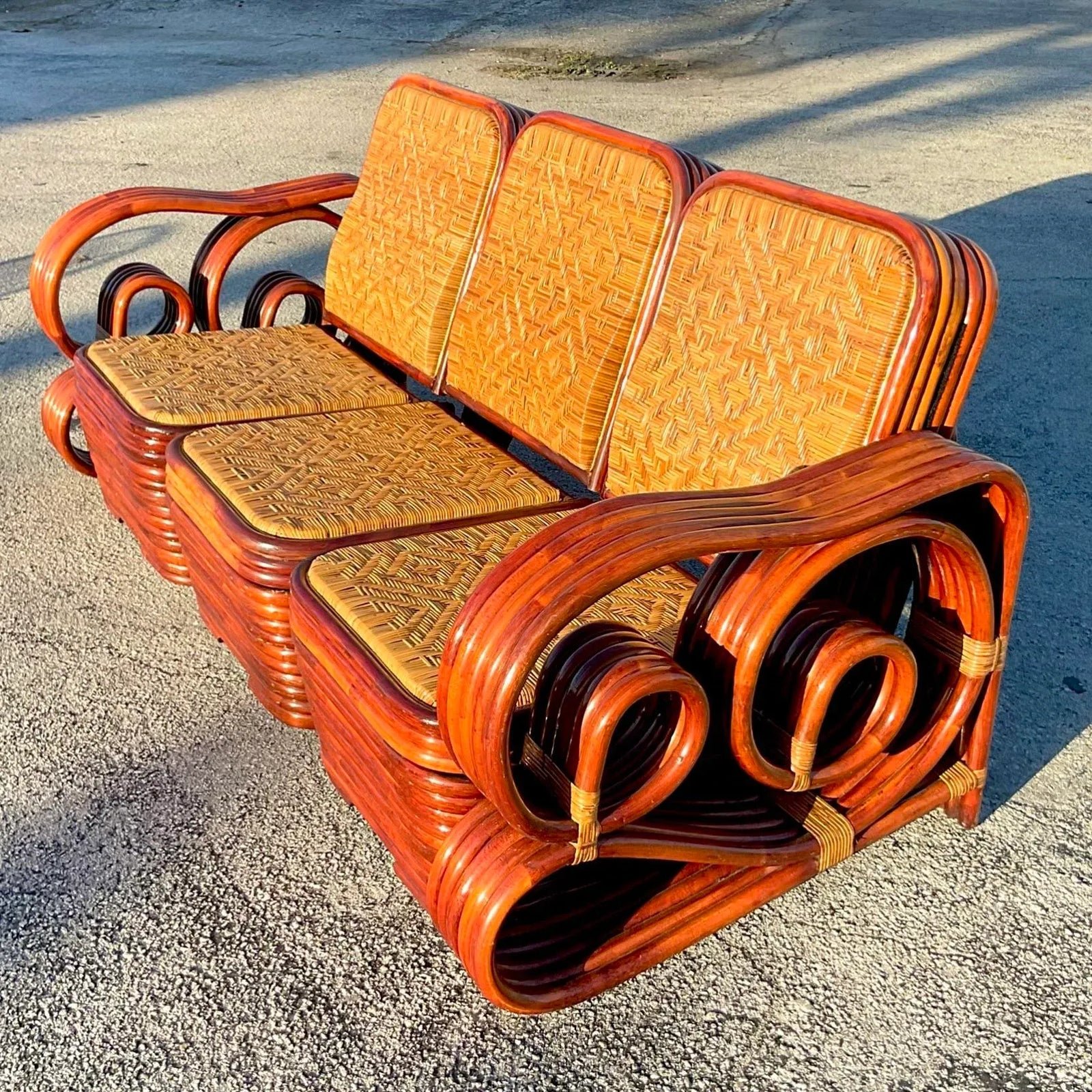 Vintage Coastal Scroll Rattan With Woven Rattan Seats 3 Piece Sofa - Detail view