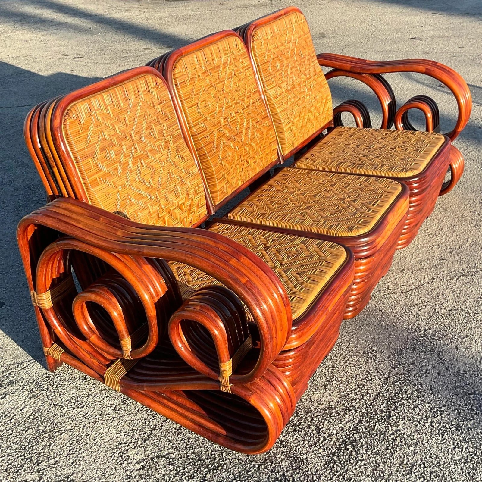 Vintage Coastal Scroll Rattan With Woven Rattan Seats 3 Piece Sofa - Top view