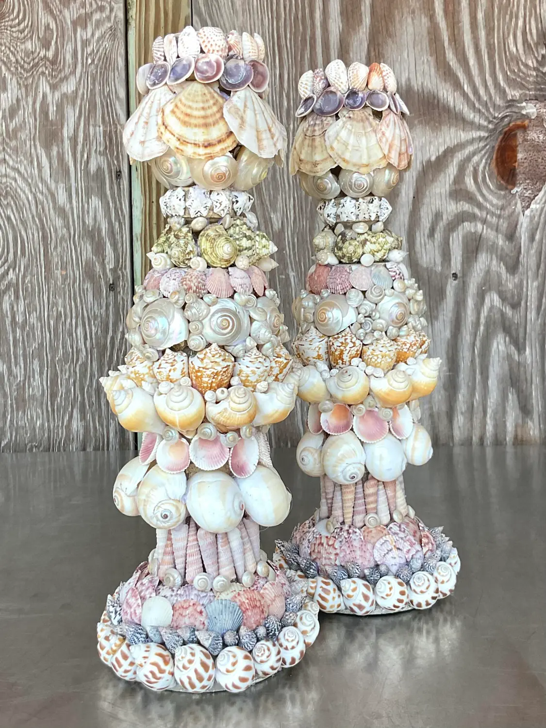 Vintage Coastal Shell Encrusted Candlesticks - a Pair - Back view