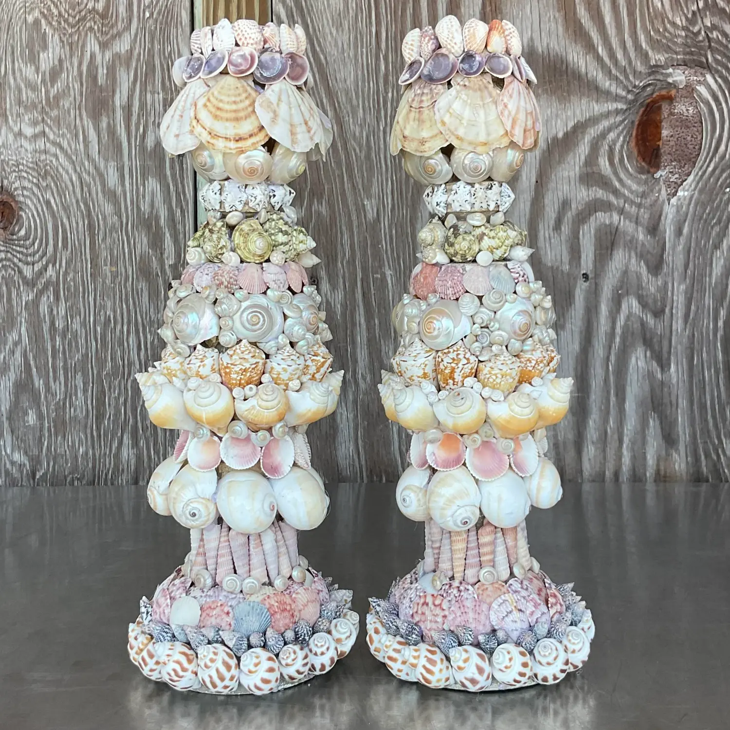 Vintage Coastal Shell Encrusted Candlesticks - a Pair - Detail view