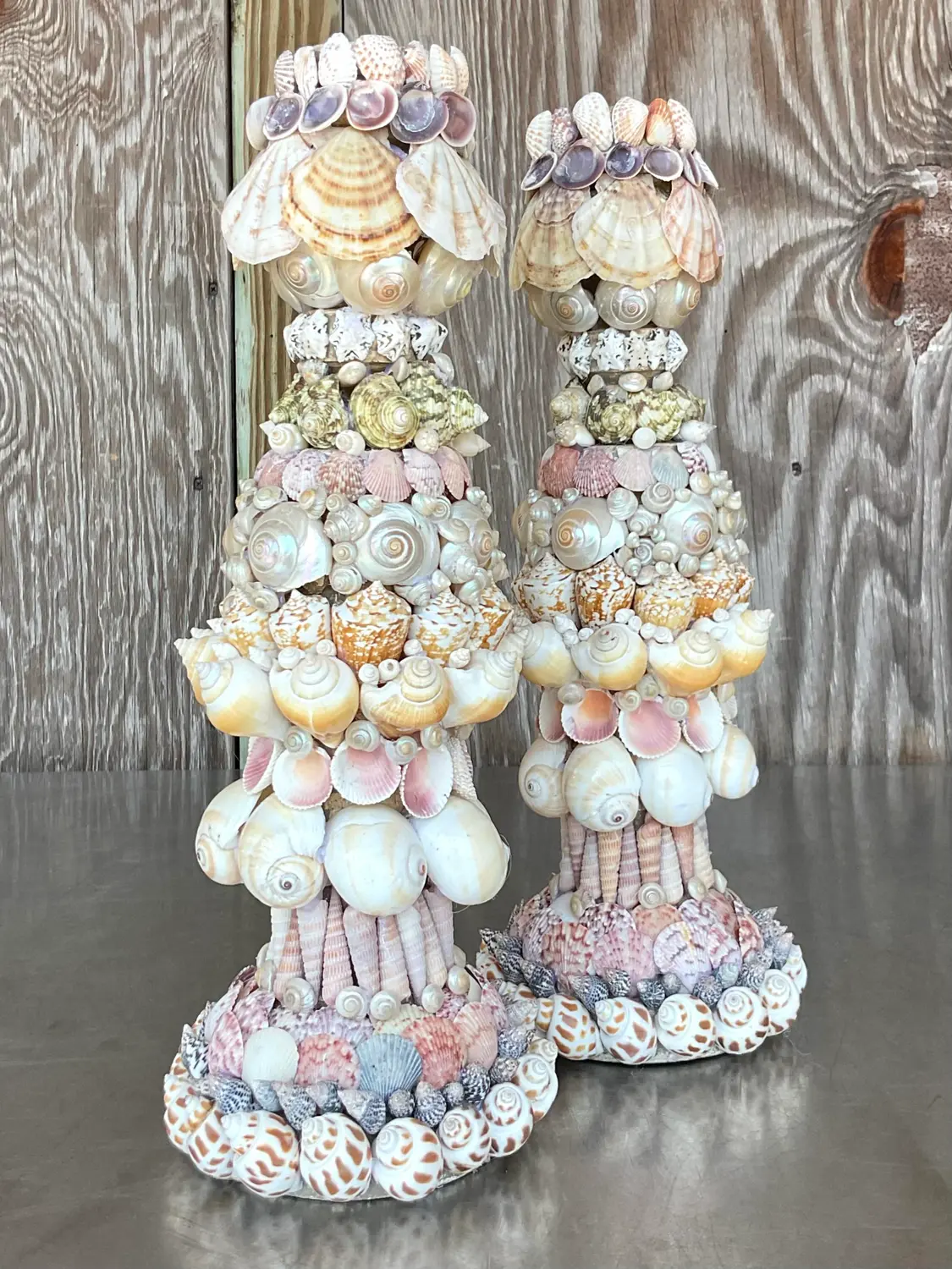 Vintage Coastal Shell Encrusted Candlesticks - a Pair - Top view