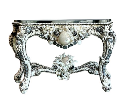Vintage Coastal Shell Encrusted Console Table - Detail view