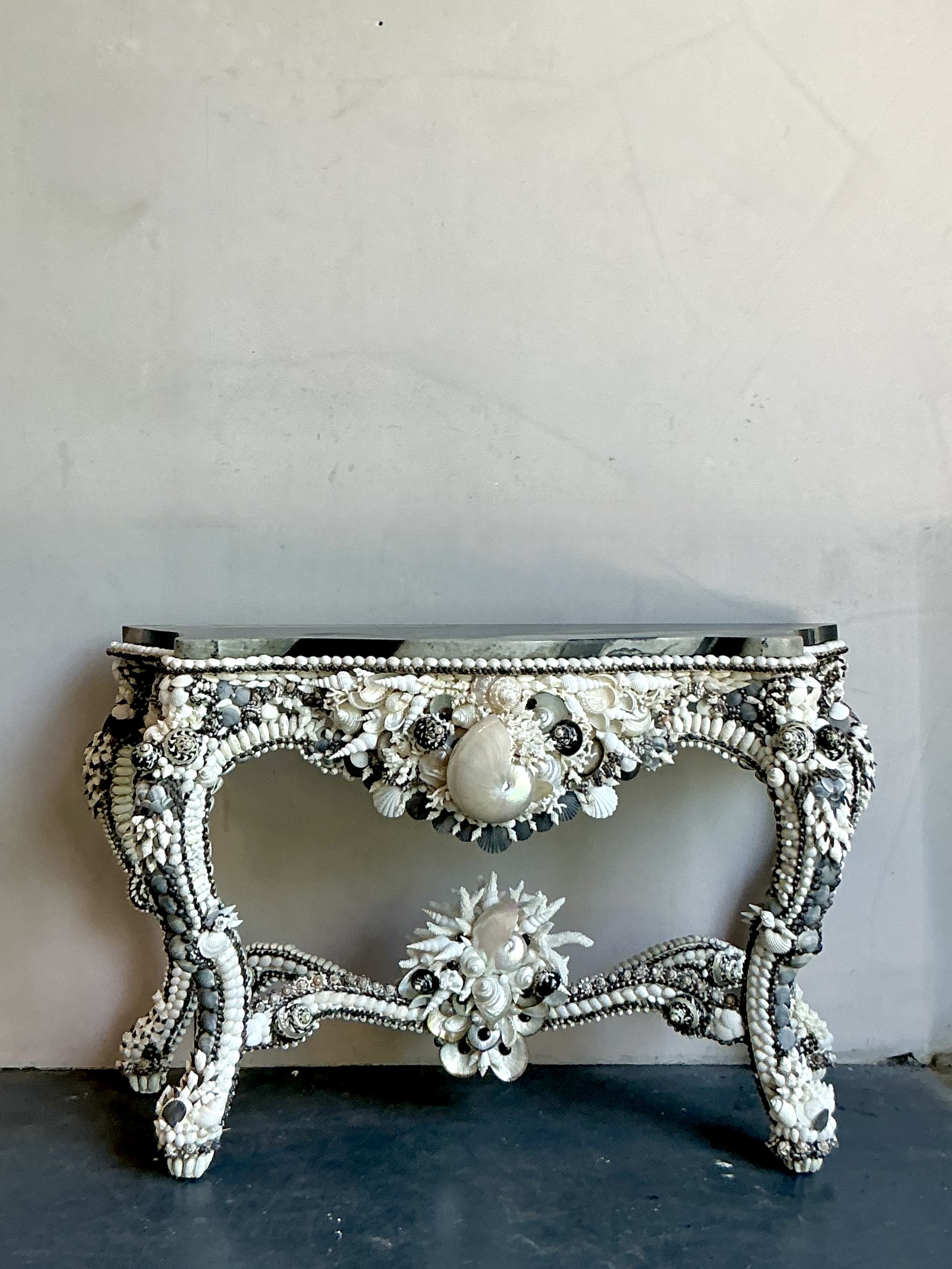Vintage Coastal Shell Encrusted Console Table - Top view